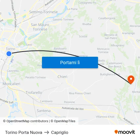Torino Porta Nuova to Capriglio map