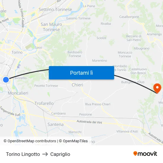 Torino Lingotto to Capriglio map
