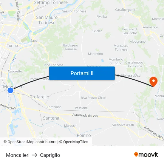 Moncalieri to Capriglio map