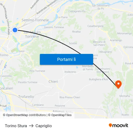 Torino Stura to Capriglio map