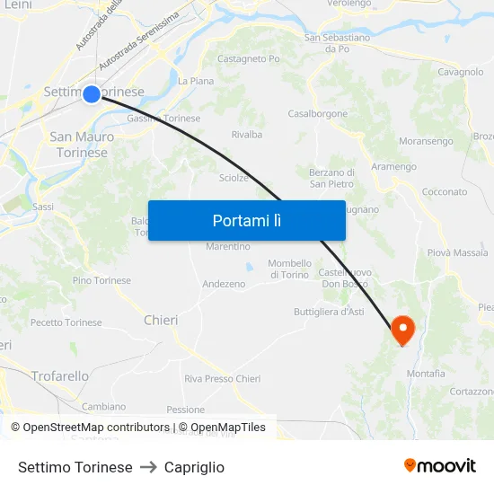 Settimo Torinese to Capriglio map