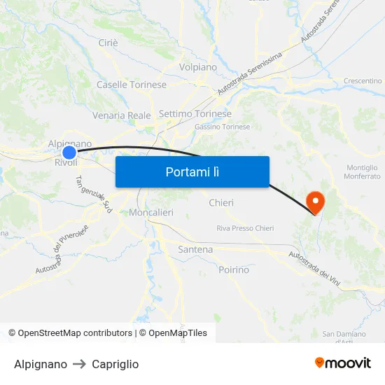 Alpignano to Capriglio map