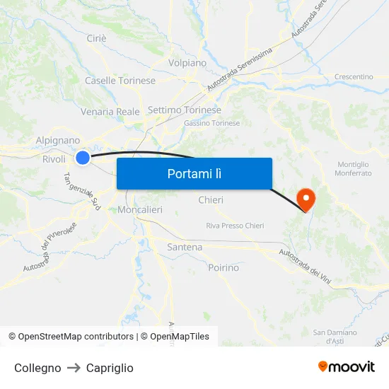 Collegno to Capriglio map