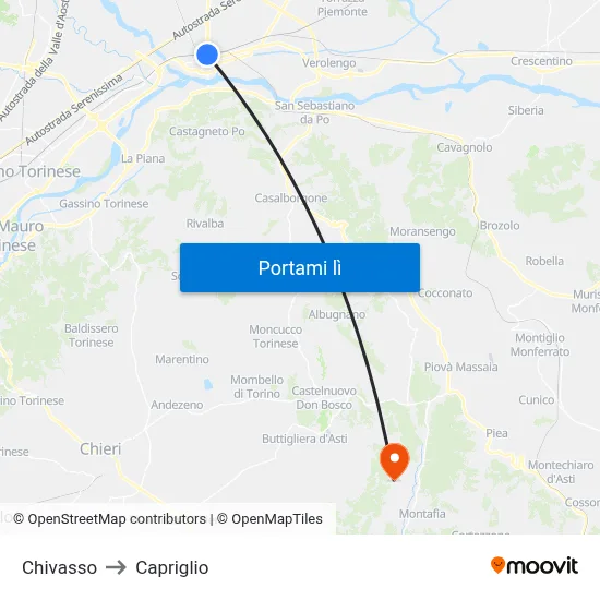 Chivasso to Capriglio map