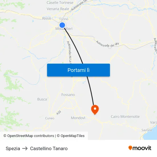 Spezia to Castellino Tanaro map
