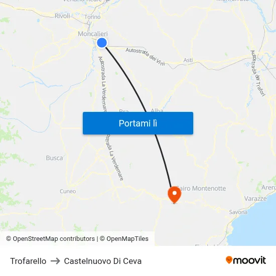Trofarello to Castelnuovo Di Ceva map