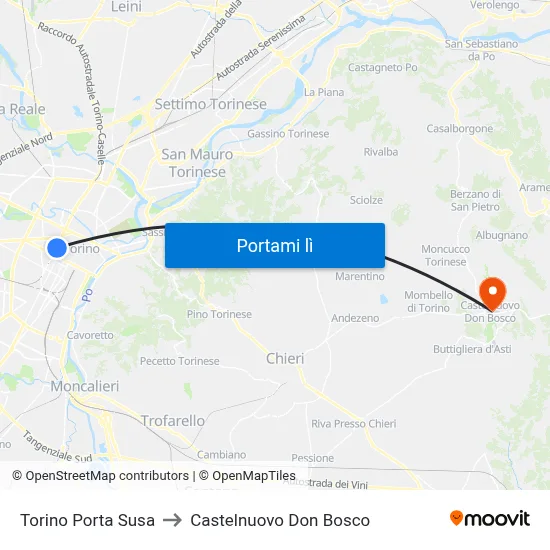 Torino Porta Susa to Castelnuovo Don Bosco map