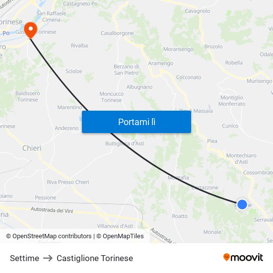 Settime to Castiglione Torinese map