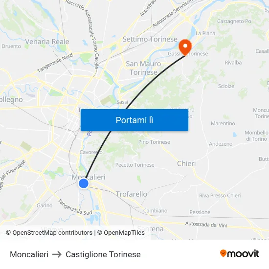 Moncalieri to Castiglione Torinese map