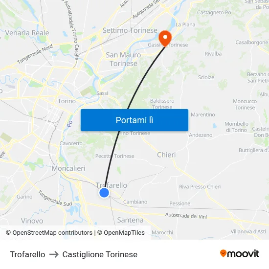 Trofarello to Castiglione Torinese map