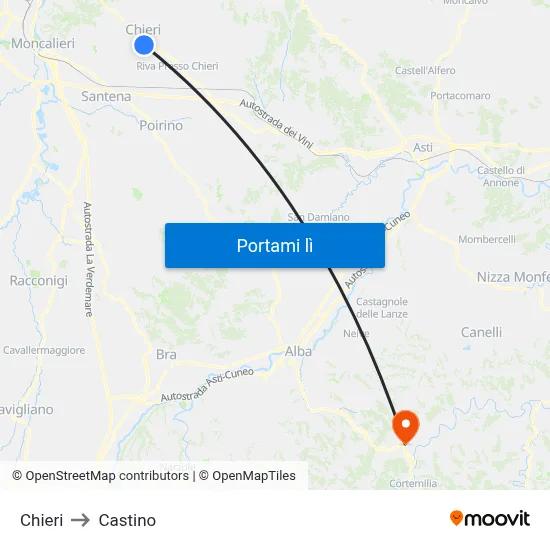 Chieri to Castino map
