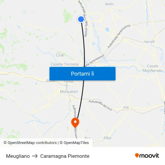 Meugliano to Caramagna Piemonte map
