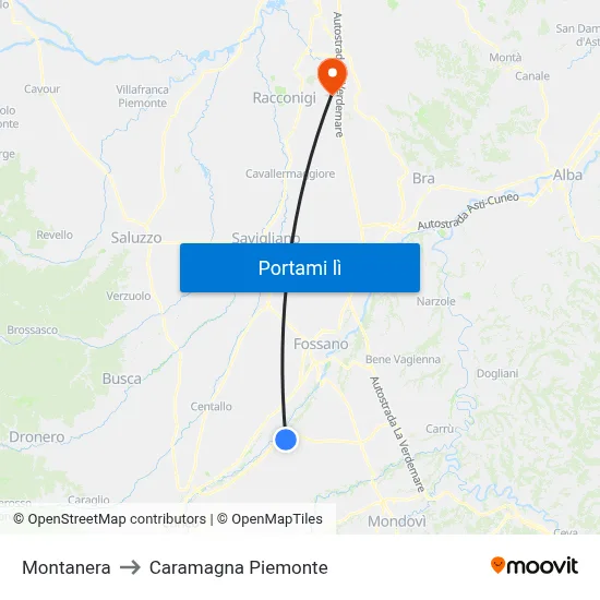 Montanera to Caramagna Piemonte map