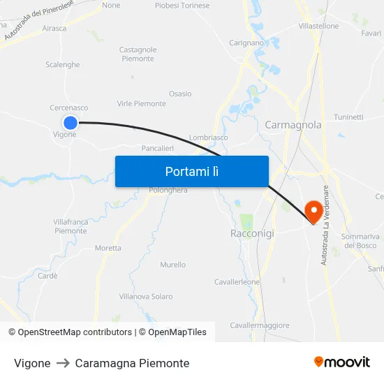 Vigone to Caramagna Piemonte map