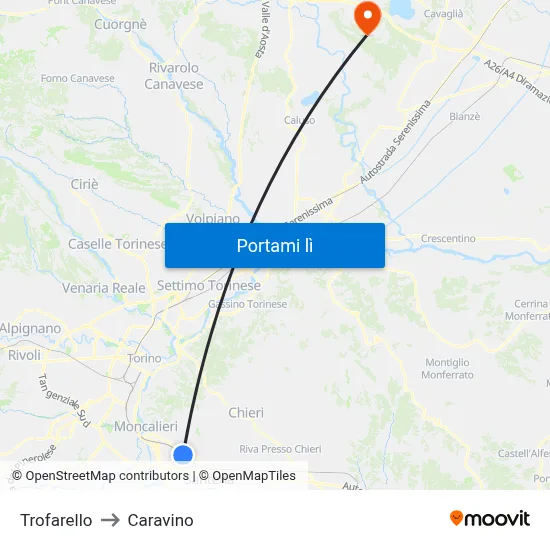 Trofarello to Caravino map