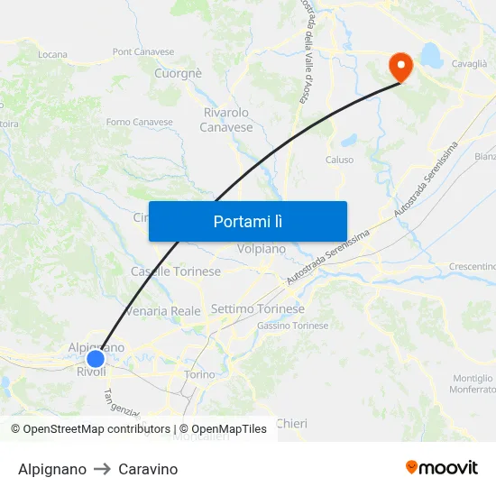 Alpignano to Caravino map