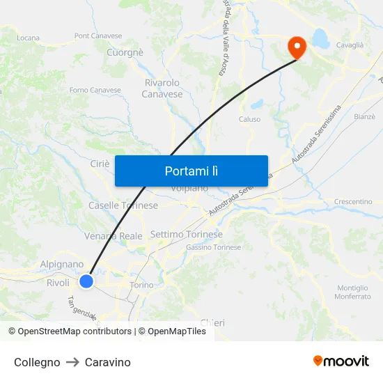 Collegno to Caravino map