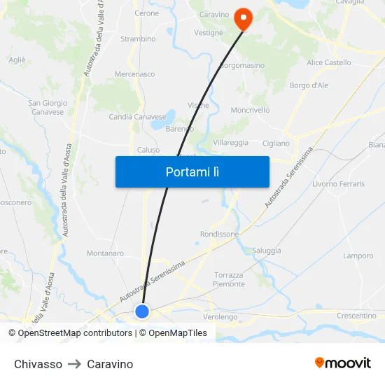Chivasso to Caravino map