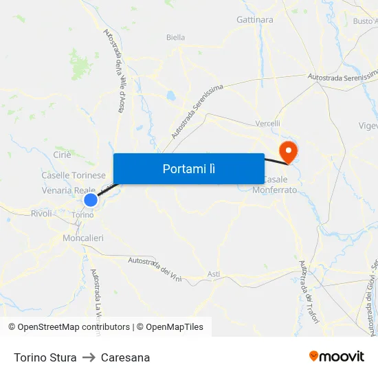 Torino Stura to Caresana map