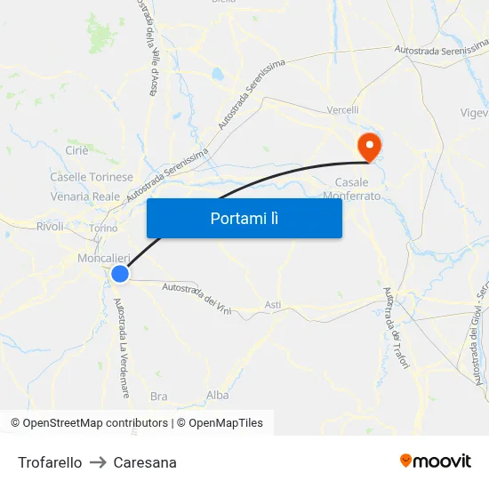 Trofarello to Caresana map
