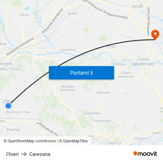 Chieri to Caresana map