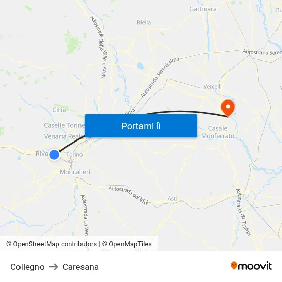 Collegno to Caresana map