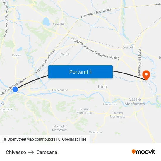 Chivasso to Caresana map