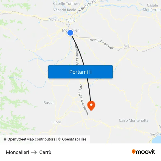 Moncalieri to Carrù map