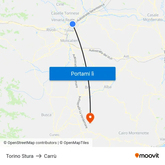 Torino Stura to Carrù map