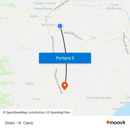 Chieri to Carrù map