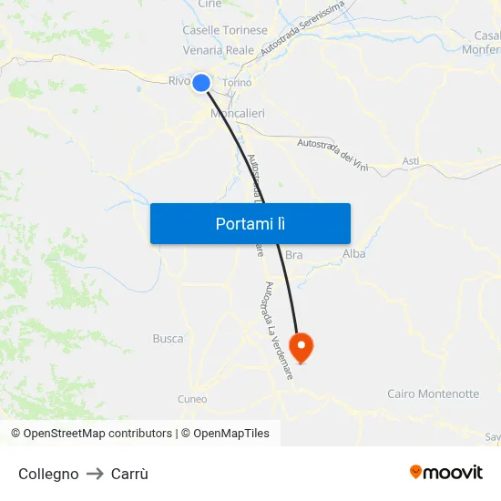 Collegno to Carrù map