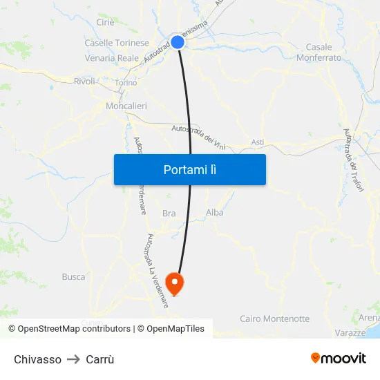 Chivasso to Carrù map