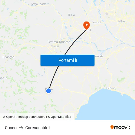 Cuneo to Caresanablot map