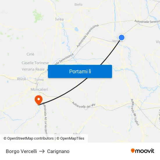 Borgo Vercelli to Carignano map
