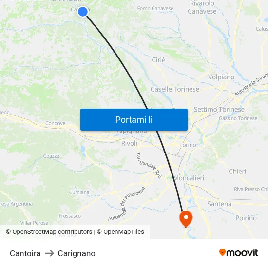 Cantoira to Carignano map