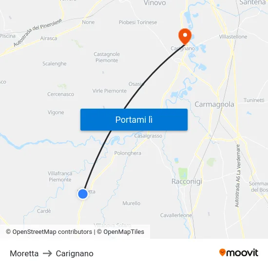 Moretta to Carignano map