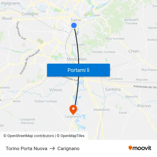 Torino Porta Nuova to Carignano map