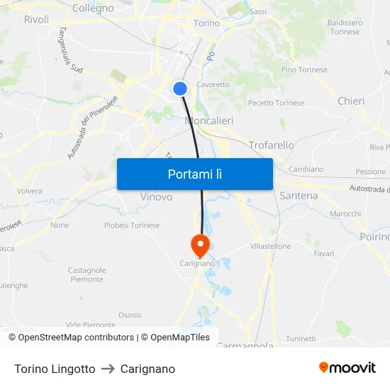 Torino Lingotto to Carignano map
