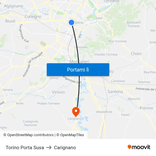 Torino Porta Susa to Carignano map