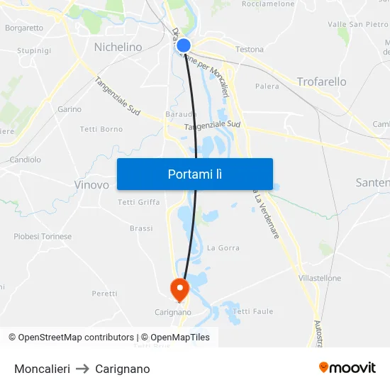 Moncalieri to Carignano map