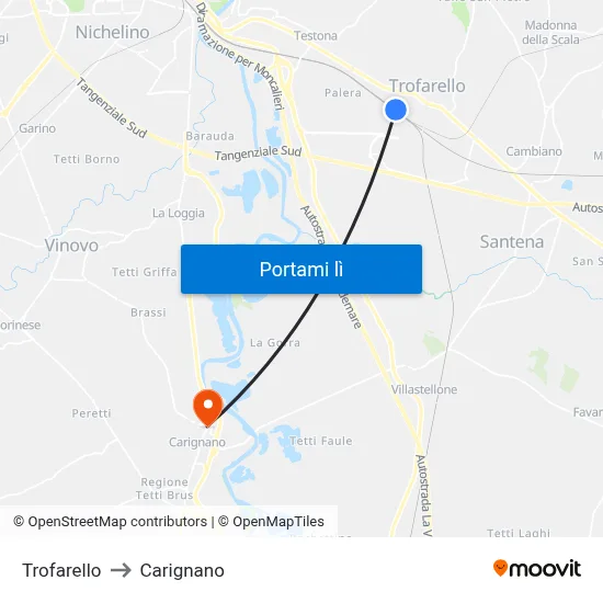 Trofarello to Carignano map