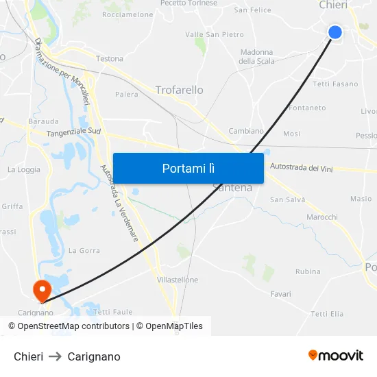 Chieri to Carignano map