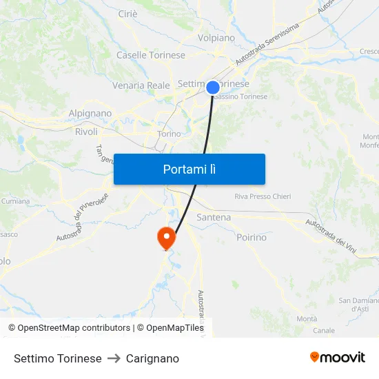 Settimo Torinese to Carignano map