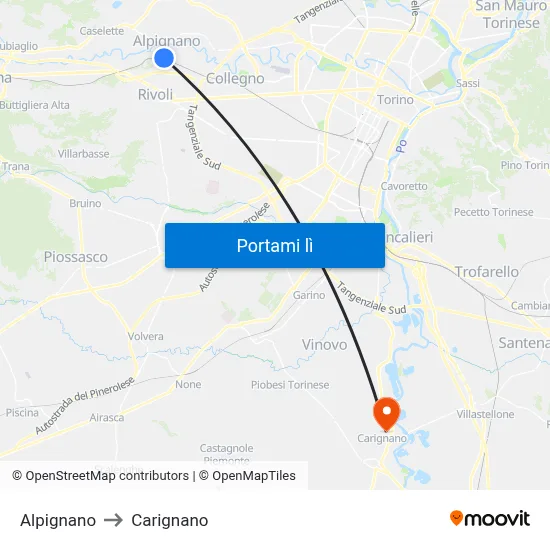 Alpignano to Carignano map