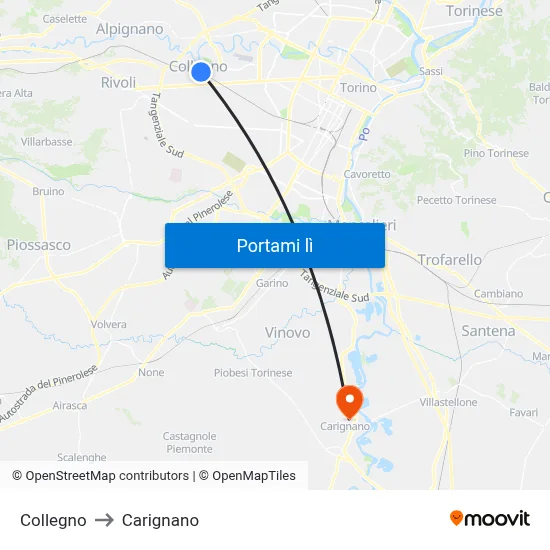Collegno to Carignano map