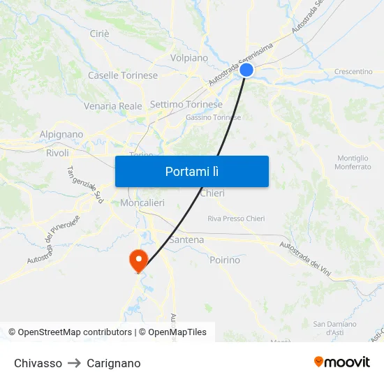 Chivasso to Carignano map