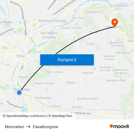 Moncalieri to Casalborgone map