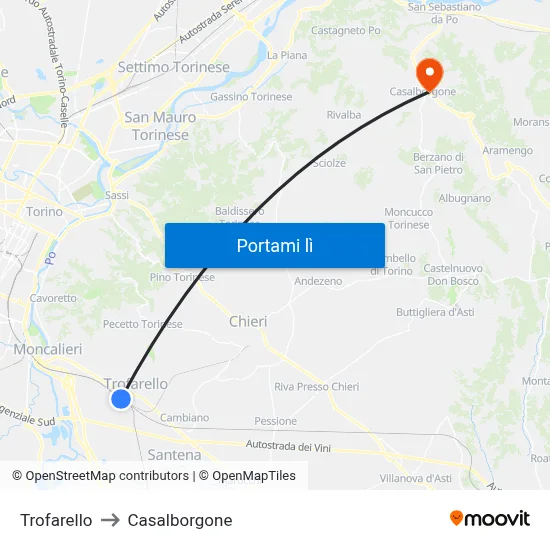 Trofarello to Casalborgone map