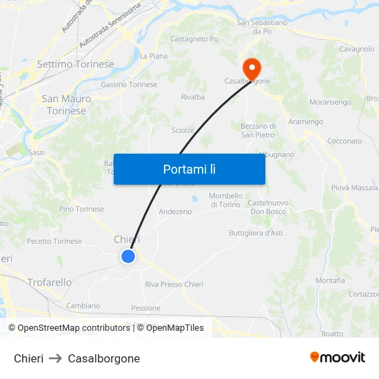 Chieri to Casalborgone map