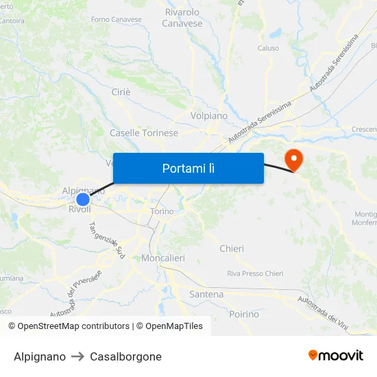 Alpignano to Casalborgone map